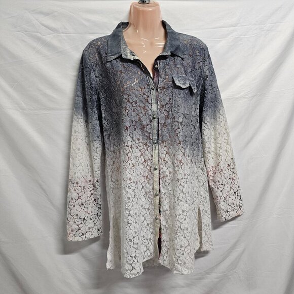 Aratta Silent Journey Button Up Lace Top Blouse Shirt Women Size M Ombre Cotton - Picture 16 of 16